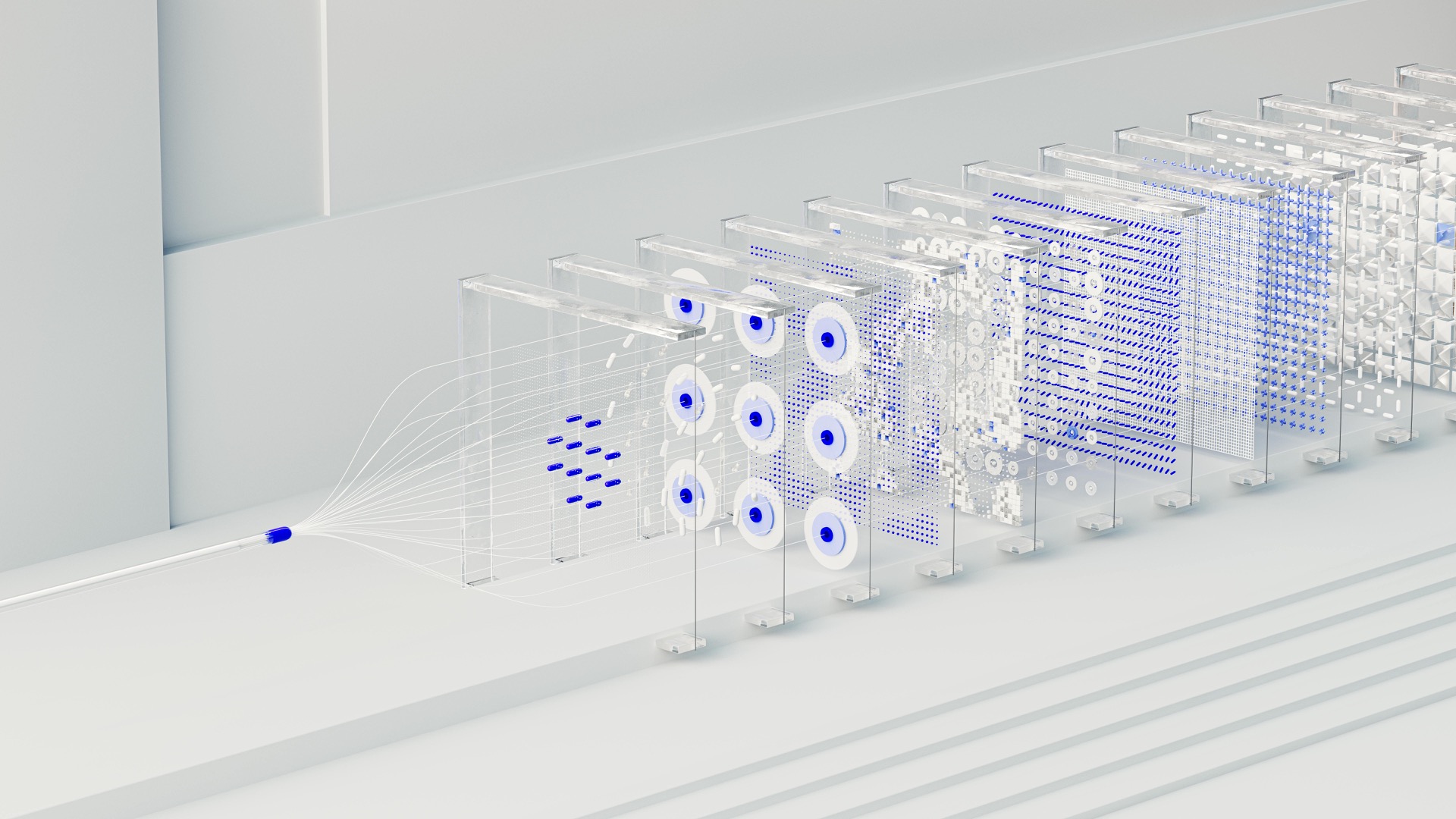 Abstract 3D rendering of a deep neural network — input flowing through stacked layers of glowing blue nodes against a clean white background