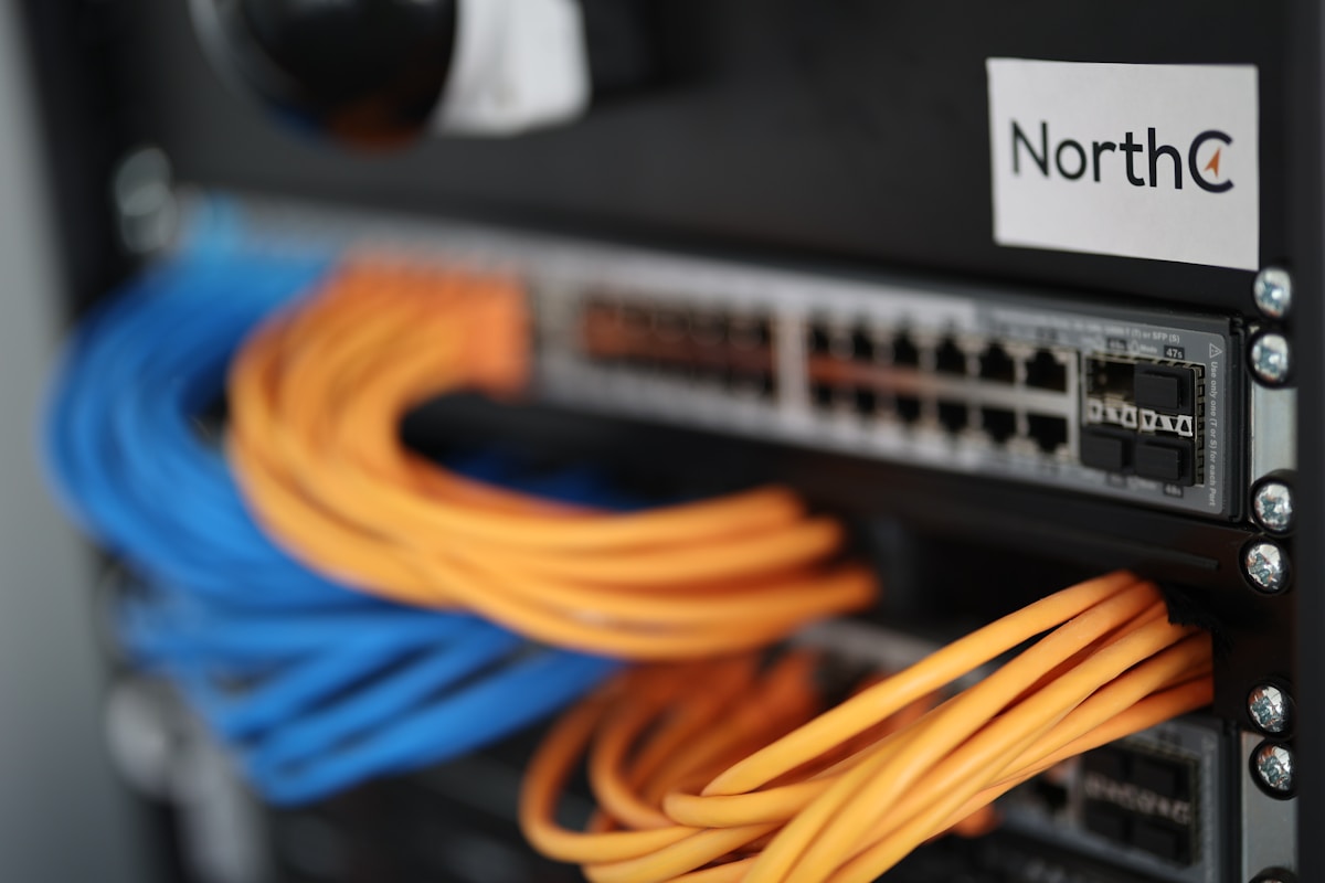 Close-up of orange and blue patch cables connected to a data-center network switch